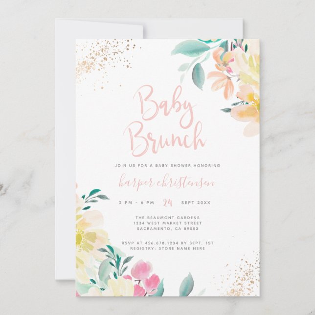 Gold Glitter Blush Pink Floral Baby Shower Brunch Invitation (Front)