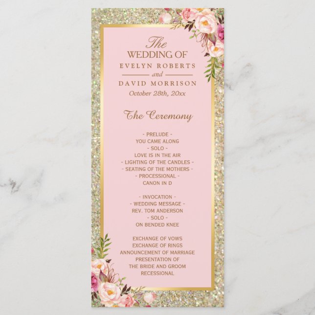 Gold Glitter Blush Pink Floral Wedding Program (Front)