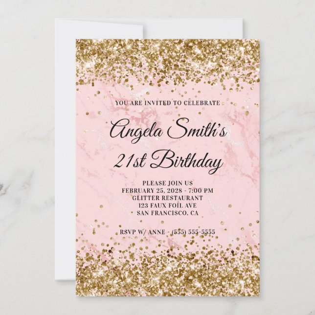 Gold Glitter Blush Pink Marble 21st Birthday Invitation (Front)