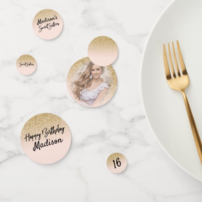 Gold Glitter & Blush Pink Sweet 16 Party Confetti (Group)