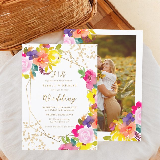 Gold glitter boho bold floral photo wedding invitation (Gold glitter boho bold floral photo wedding invitation)