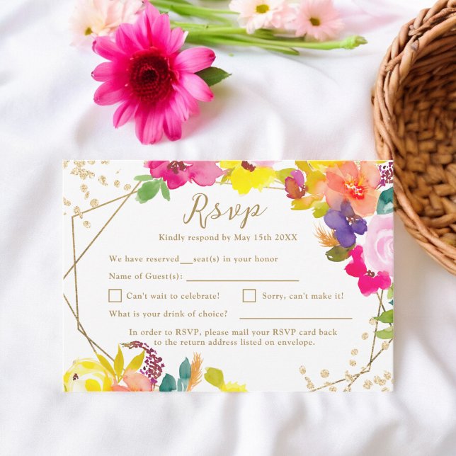 Gold glitter boho bold floral wedding RSVP card (Gold glitter boho bold floral wedding RSVP card)
