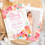 Gold glitter boho floral watercolor photo Sweet 16 Invitation<br><div class="desc">Boho pink,  terracotta,  red and brown floral watercolor and gold glitter confetti typography Sweet 16 birthday with hand painted flowers,  greenery watercolor leaf branches with gold geometric terrarium frame,  perfect for all seasons birthday party,  add your photo at the back</div>