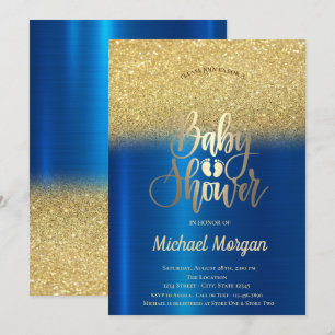  Gold Glitter Bokeh Blue Metallic Baby Shower Invitation