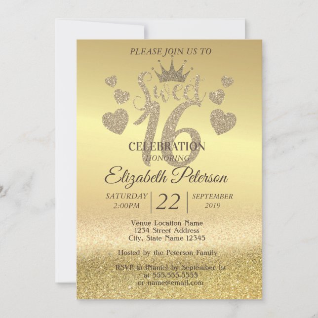 Gold Glitter Bokeh Ombre,Tiara,Sweet 16 Party Invitation (Front)