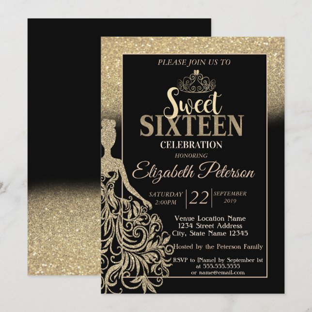 Gold Glitter Bokeh Ombre,Tiara,Sweet 16 Party Invitation (Front/Back)