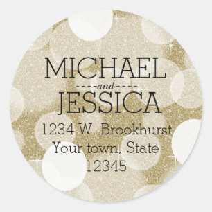 Gold Glitter Bokeh Personalized name and address Classic Round Sticker