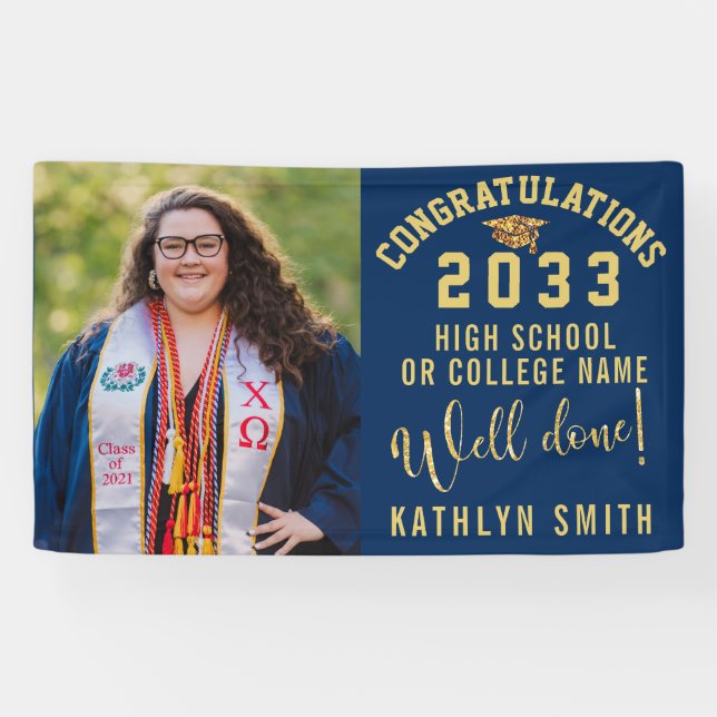 Gold Glitter Bold Script Custom Photo Graduation  Banner (Horizontal)