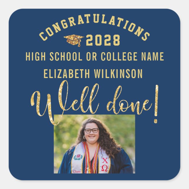 Gold Glitter Bold Script Custom Photo Graduation Square Sticker (Front)