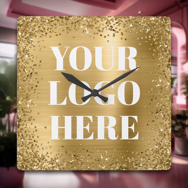 Gold Glitter Border and Foil Logo Square Wall Clock (Gold Glitter Border and Foil Logo Square Wall Clock)