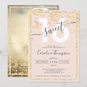 gold glitter border confetti blush Sweet 16 photo Invitation