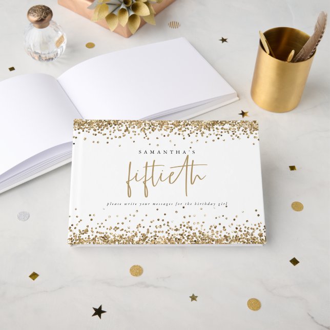 Gold Glitter Borders 50th Birthday Party Guest Book (Front Open)