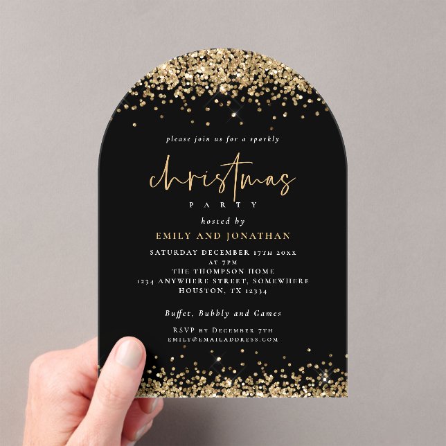 Gold Glitter Borders Christmas Party Black Acrylic Invitations (Insitu (Handheld))