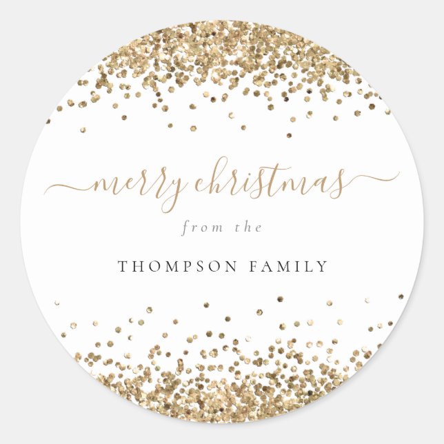 Gold Glitter Borders Name Merry Christmas Classic Round Sticker (Front)