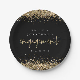 Gold Glitter Borders Names Engagement Party Black Paper Plate