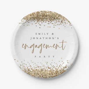 Gold Glitter Borders Names Engagement Party Paper Plate