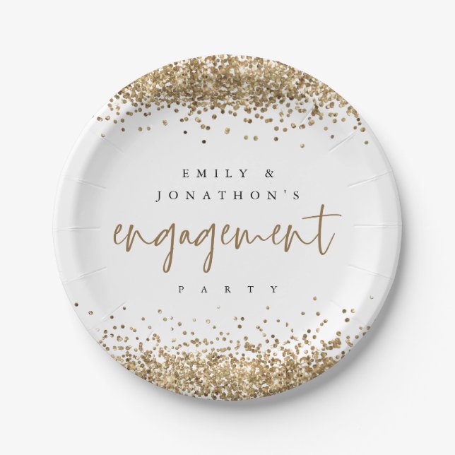 Gold Glitter Borders Names Engagement Party Paper Plate (Front)
