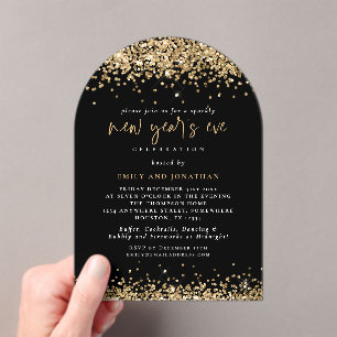 Gold Glitter Borders New Year Party Black Acrylic Invitations