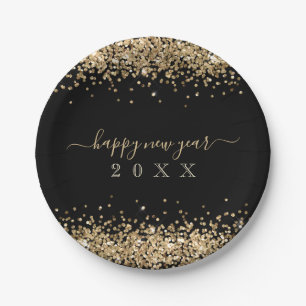 Gold Glitter Borders Script Happy New Year Black Paper Plate