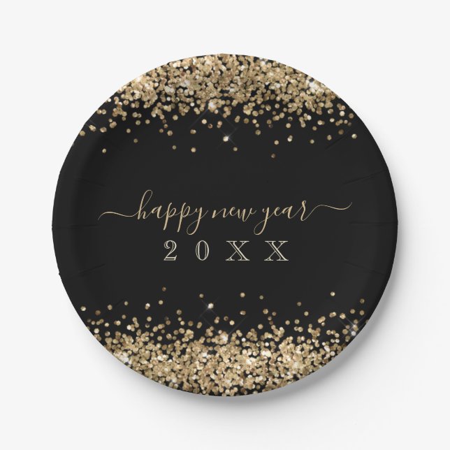 Gold Glitter Borders Script Happy New Year Black Paper Plate (Front)