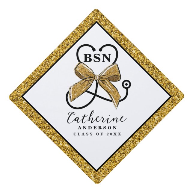 Gold Glitter Bow Nurse Graduation Cap Topper (Front)