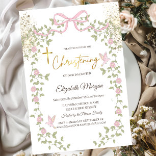 Gold Glitter Bow Wildflowers Gold Cross Baptism Invitation