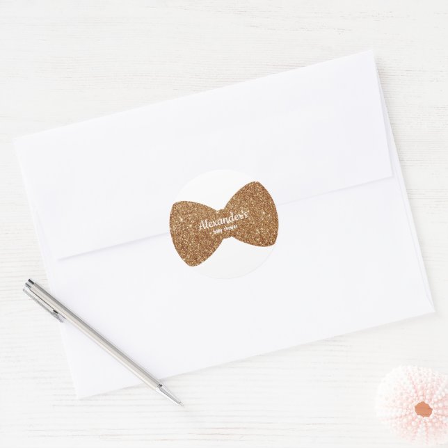Gold Glitter Boy Bow Tie Baby Shower Classic Round Sticker (Envelope)