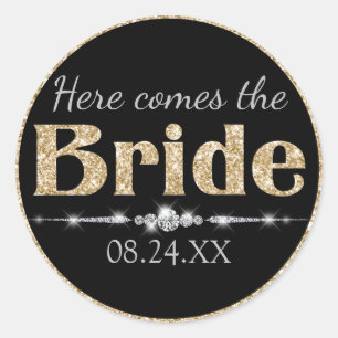 Gold Glitter Bride and Diamonds on Black Classic Round Sticker