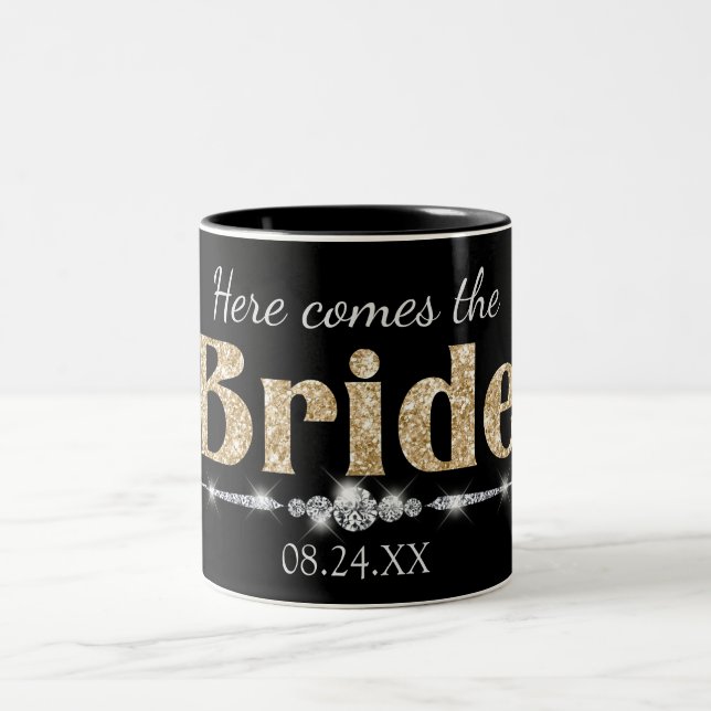 Gold Glitter Bride and Diamonds on Black Two-Tone Coffee Mug (Center)