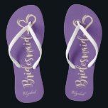 Gold Glitter Bridesmaid,Hearts Viole -Personalized Flip Flops<br><div class="desc">Cute gold glittery bridesmaid and heart on violet background  with your name. Select the costume button to change the fonts style,  colour and size. Any girl would love to have this elegant and stylish design .</div>