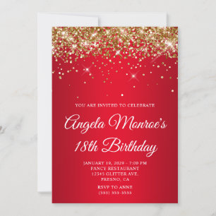 Gold Glitter Bright Red Gradient 18th Birthday Invitation