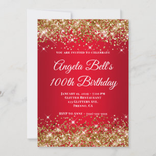 Gold Glitter Bright Red Ombre 100th Birthday Invitation