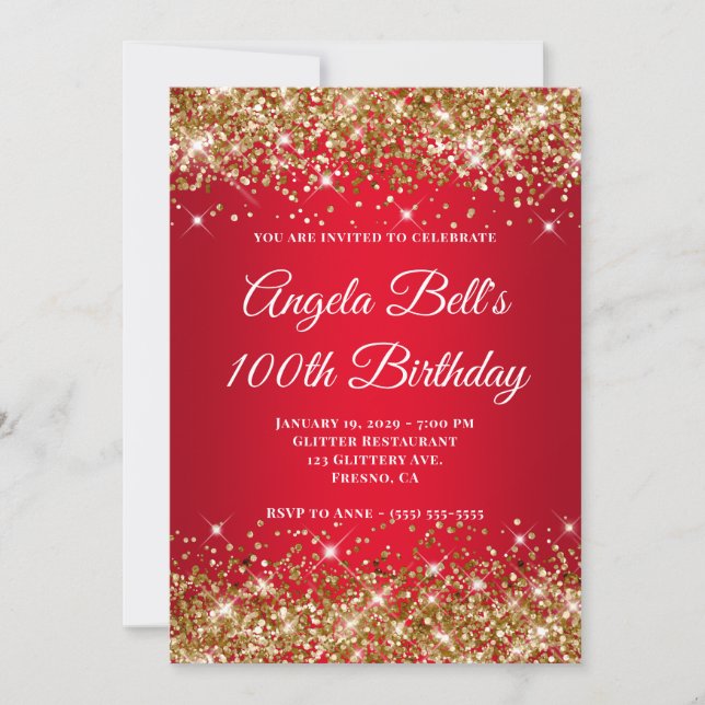 Gold Glitter Bright Red Ombre 100th Birthday Invitation (Front)