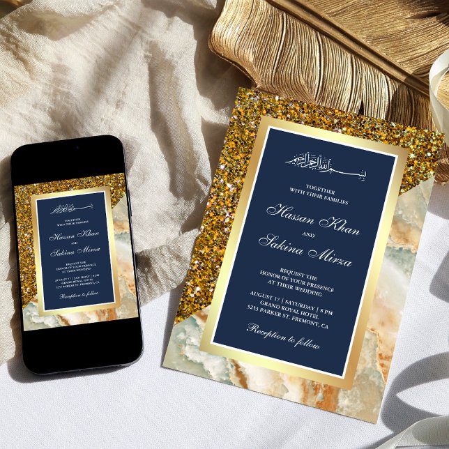 Gold Glitter Brown Marble Navy Blue Muslim Wedding Invitation (Creator Uploaded)
