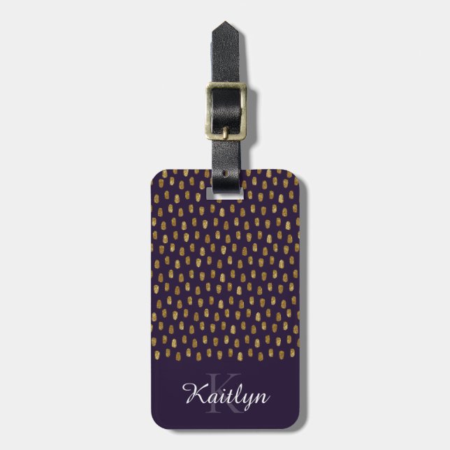 Gold Glitter Brush Strokes on Purple Luggage Tag (Front Vertical)