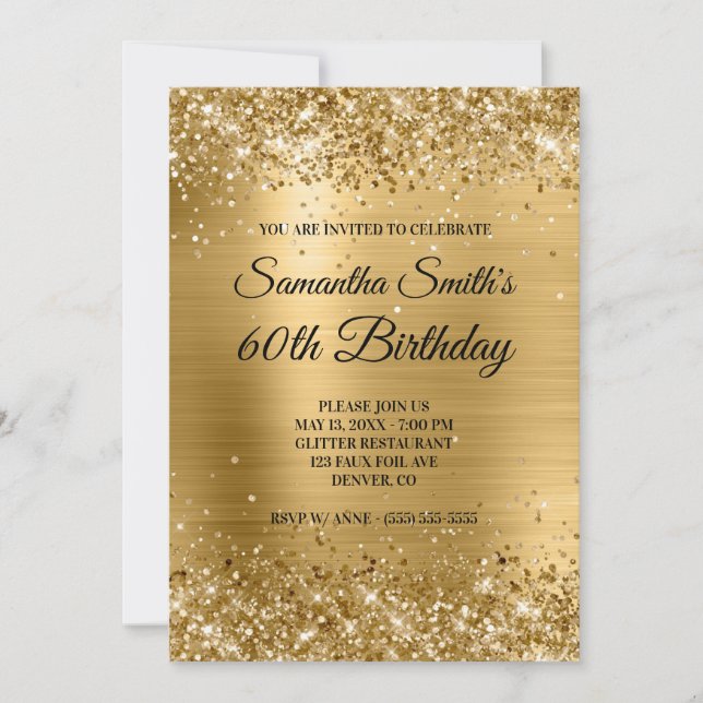 Gold Glitter Brushed Foil Monogram 60th Birthday Invitation (Front)