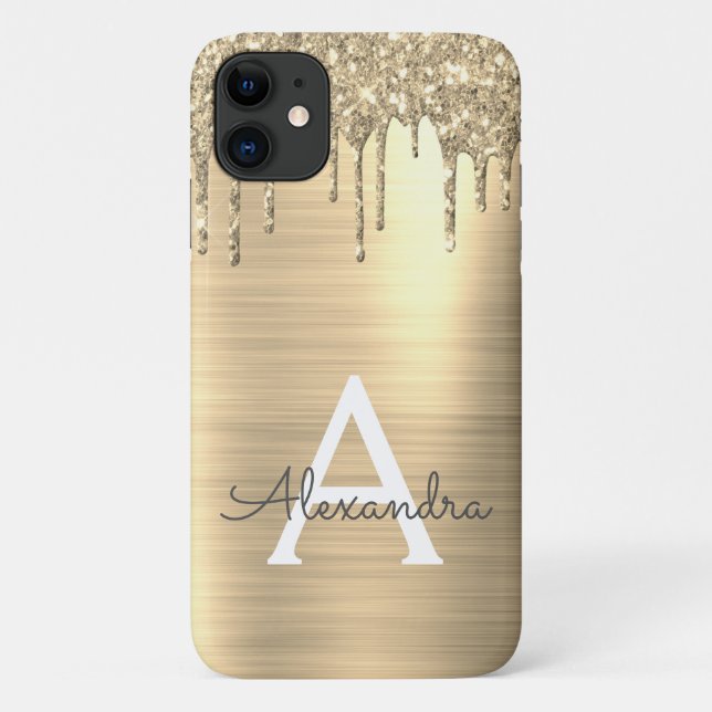 Gold Glitter Brushed Metal Monogram Name Case-Mate iPhone Case (Back)