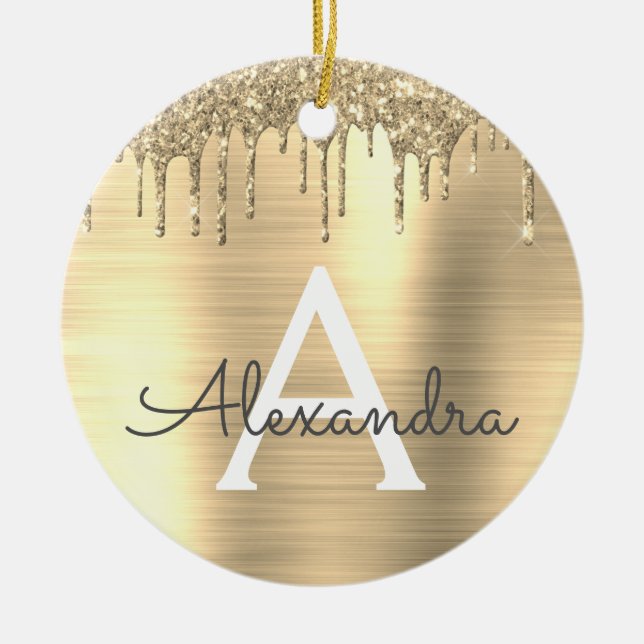 Gold Glitter Brushed Metal Monogram Name Ceramic Ornament (Front)