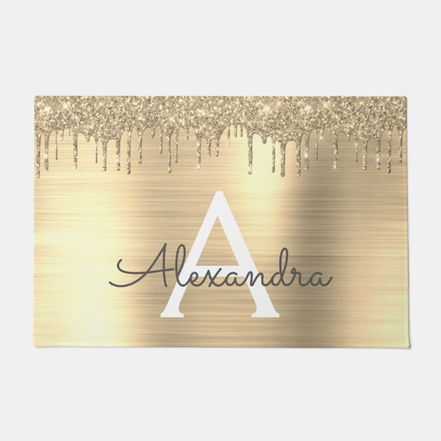 Gold Glitter Brushed Metal Monogram Name Doormat (Front)