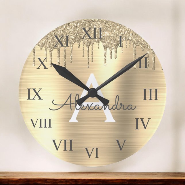 Gold Glitter Brushed Metal Monogram Name Large Clock (Creator Uploaded)