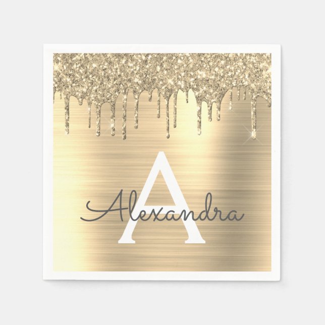 Gold Glitter Brushed Metal Monogram Name Napkin (Front)