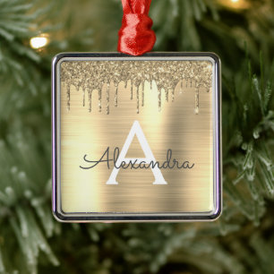 Gold Glitter Brushed Metal Monogram Name Ornament