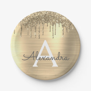 Gold Glitter Brushed Metal Monogram Name Paper Plate