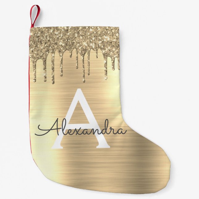 Gold Glitter Brushed Metal Monogram Name Small Christmas Stocking (Front)