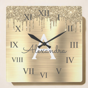 Gold Glitter Brushed Metal Monogram Name Square Wall Clock