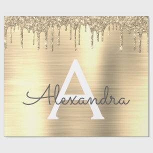 Gold Glitter Brushed Metal Monogram Name Wrapping Paper