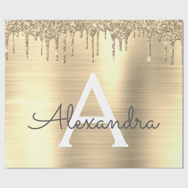 Gold Glitter Brushed Metal Monogram Name Wrapping Paper (Flat)