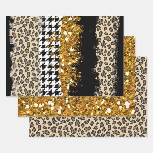 Gold Glitter Buffalo Plaid Leopard Wrapping Paper Sheet (Set)