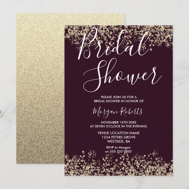 Gold Glitter Burgundy Bridal Shower Invitation (Front/Back)