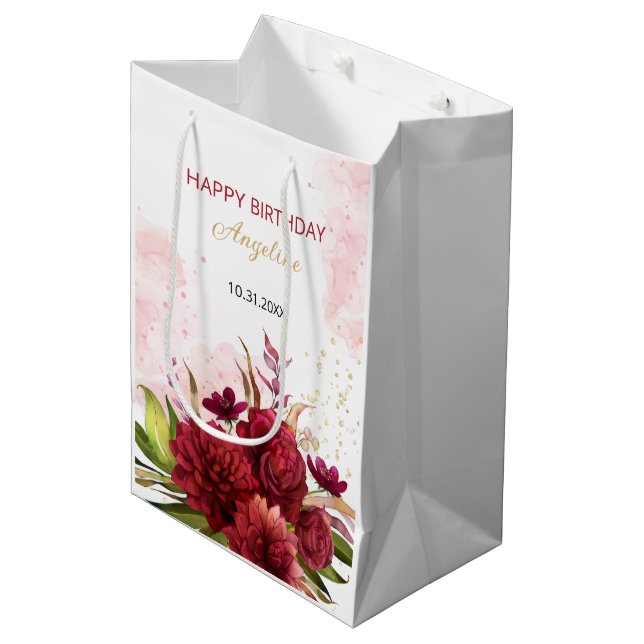 Gold Glitter Burgundy Dahlia Rose Floral Birthday Medium Gift Bag (Front Angled)